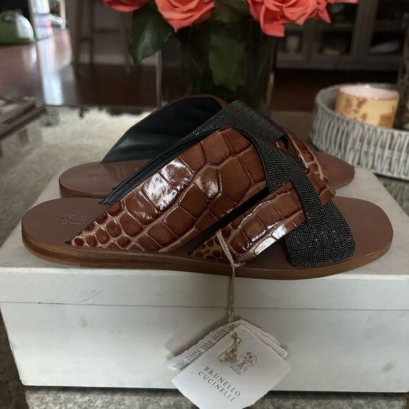 Brunello Cucinelli Croc Effect Slide Sandals NWB - Picture 8 of 9